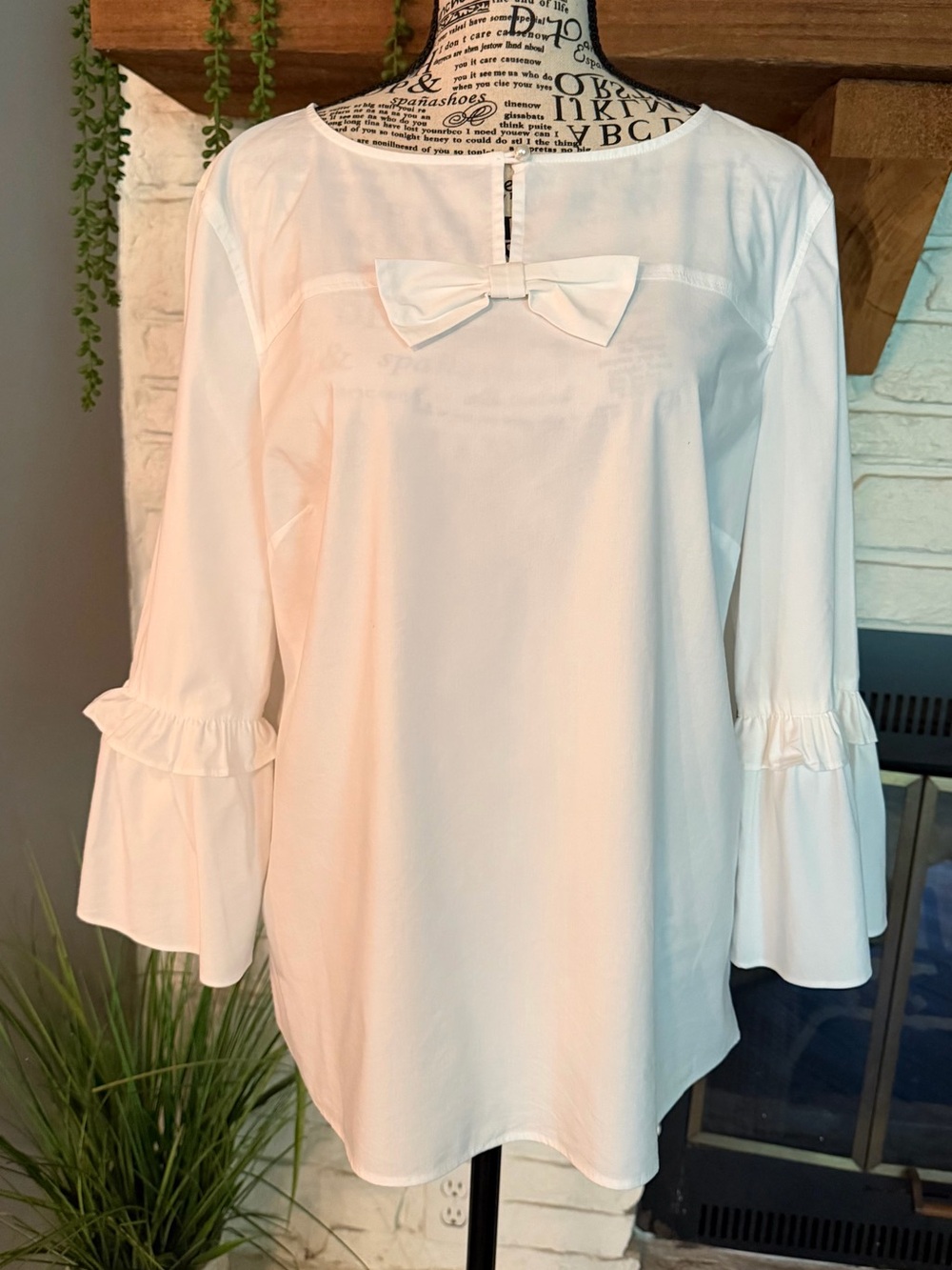 Talbots White Bow-Neck Ruffle Sleeve Blouse